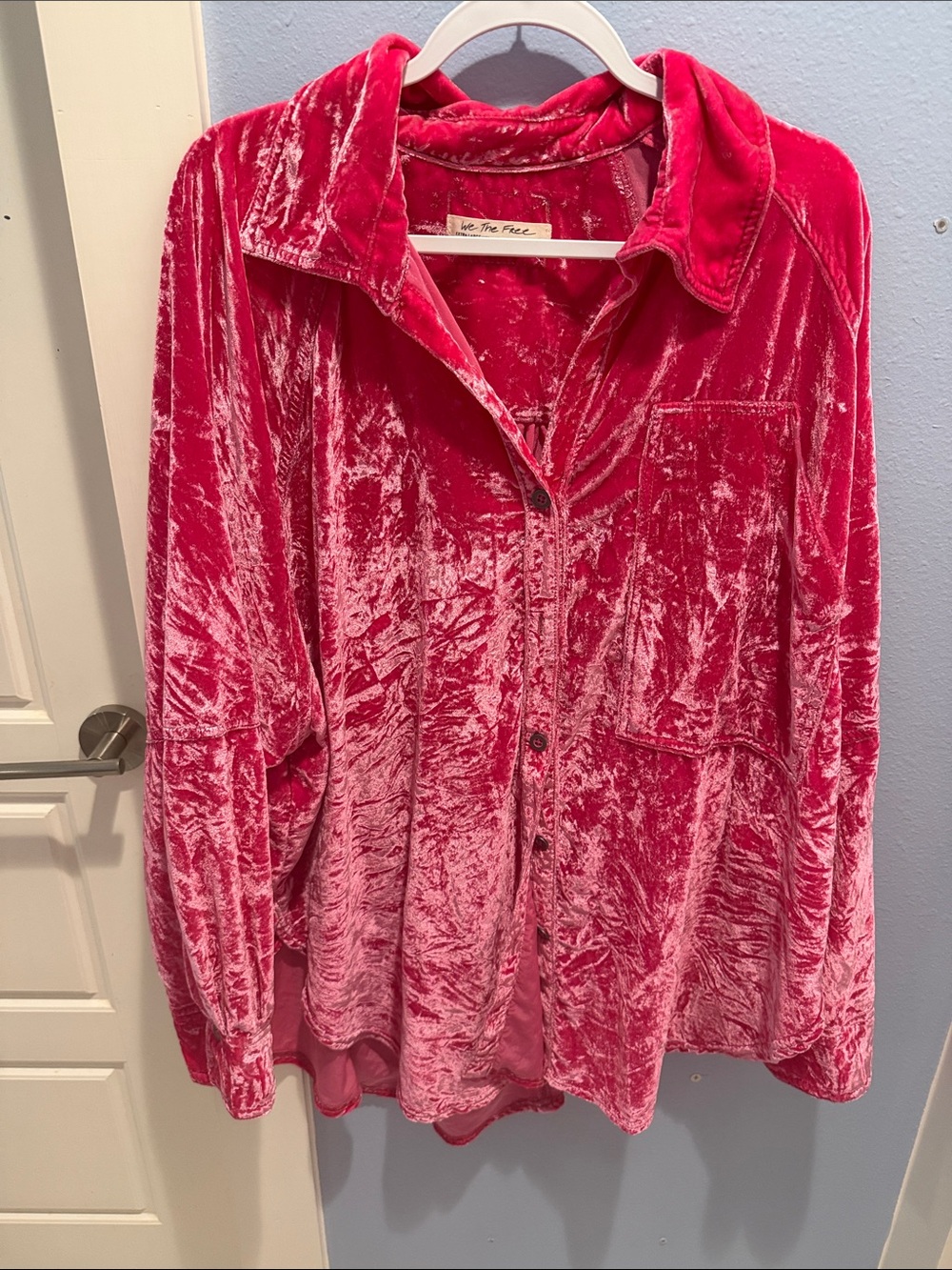 Pink crushed velvet button-up